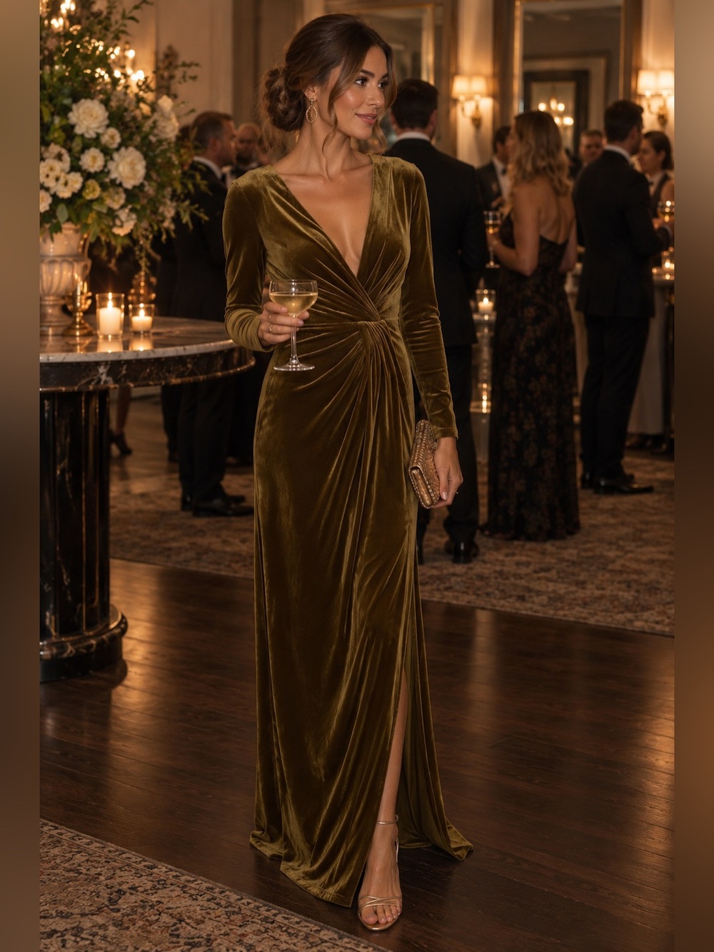 NWT Olive Green Velvet Twist Front Gown